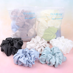 IVARYSS flat lay of six scrunchies showing mix-and-match convenience benefit