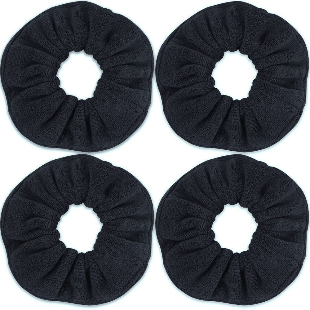 IVARYSS front view of four black super towel scrunchies, fast drying