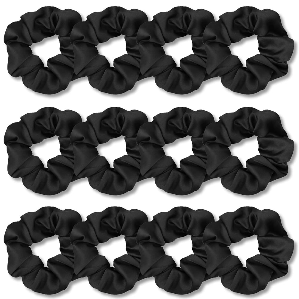 IVARYSS front packaging showing 12 black satin scrunchies and neat arrangement for convenience