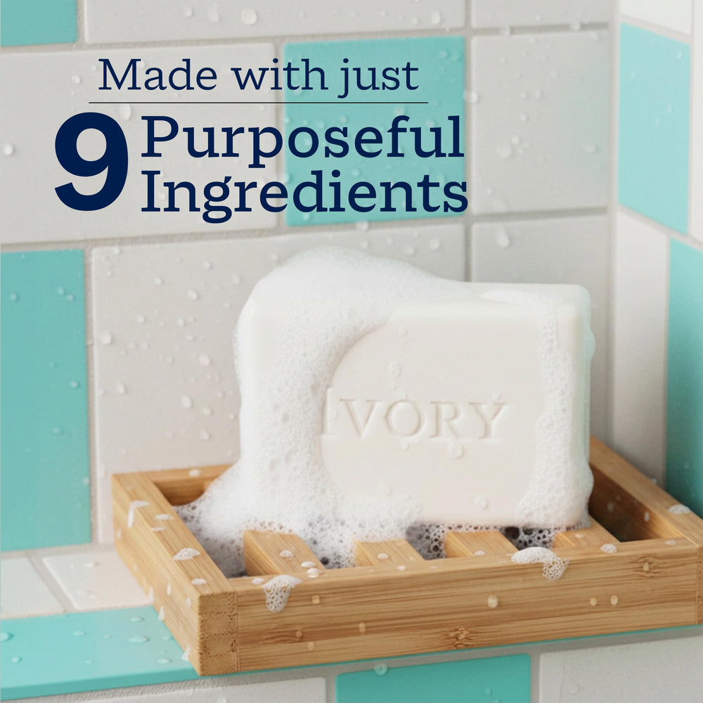Ivory ingredient label detail showing plant-based cleansers and purity benefit