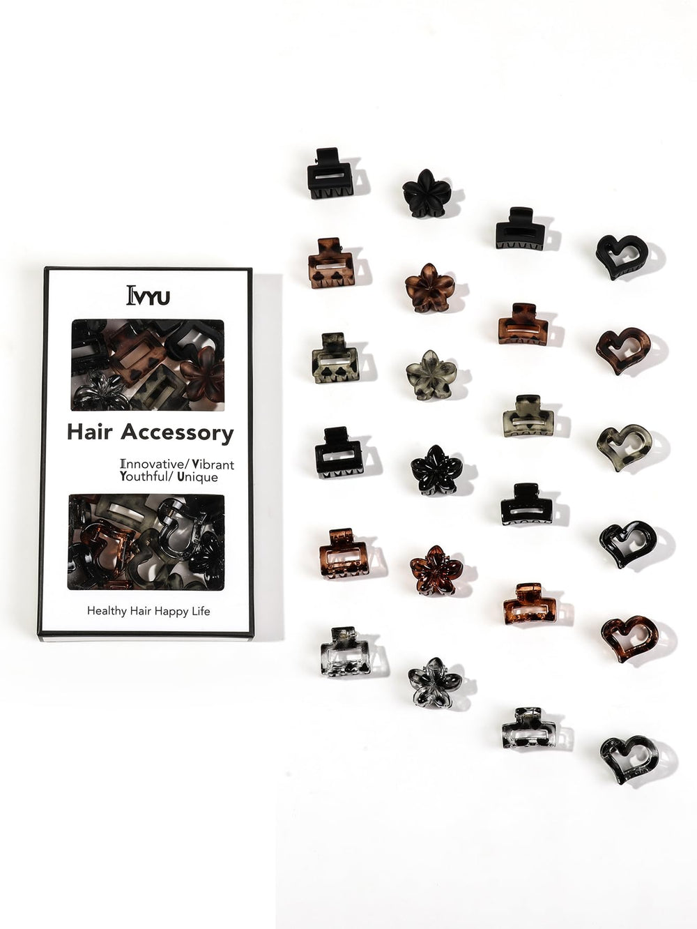 Ivyu front packaging showing 24 mini tortoise and black clips, organized neatly for convenience