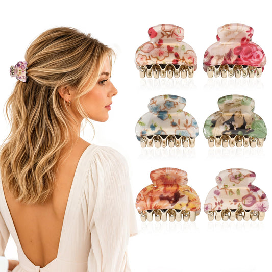 Ivyu front view of six vintage floral mini claw clips, pretty and ready to wear