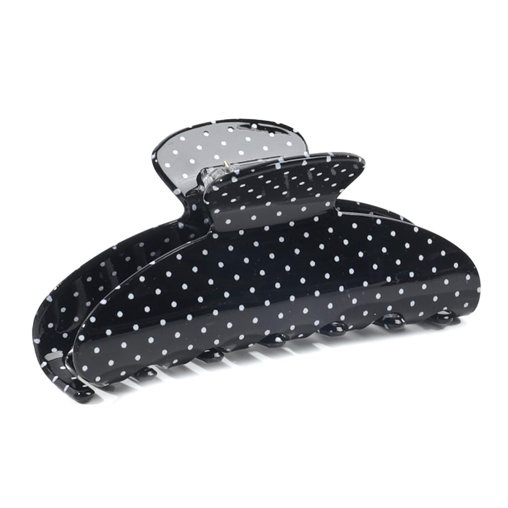 Ivyu front view of black polka dot clip showing elegant finish and strong hold