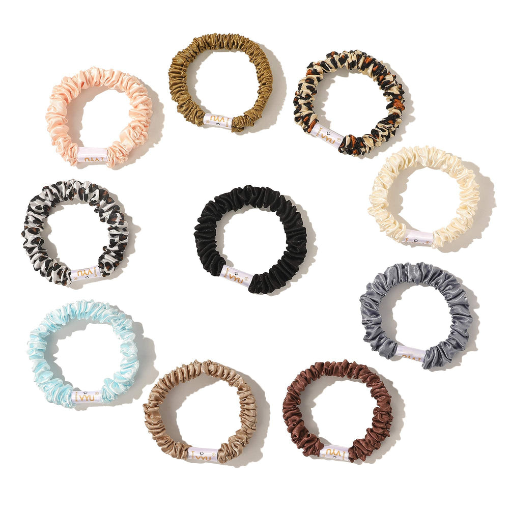 Ivyu front view of silk satin scrunchies showing sleek, soft look and hold