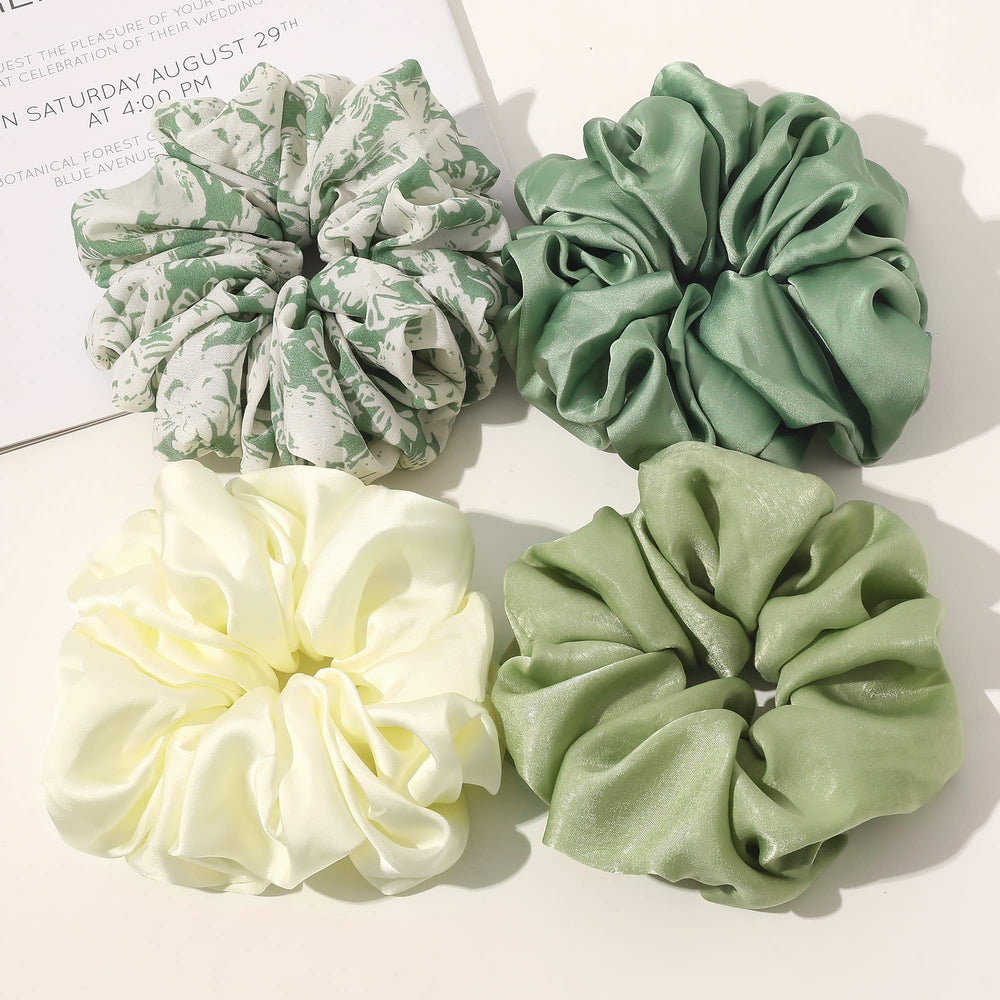 Ivyu scrunchie flat lay multiple angles shows shape, volume, and fabric sheen