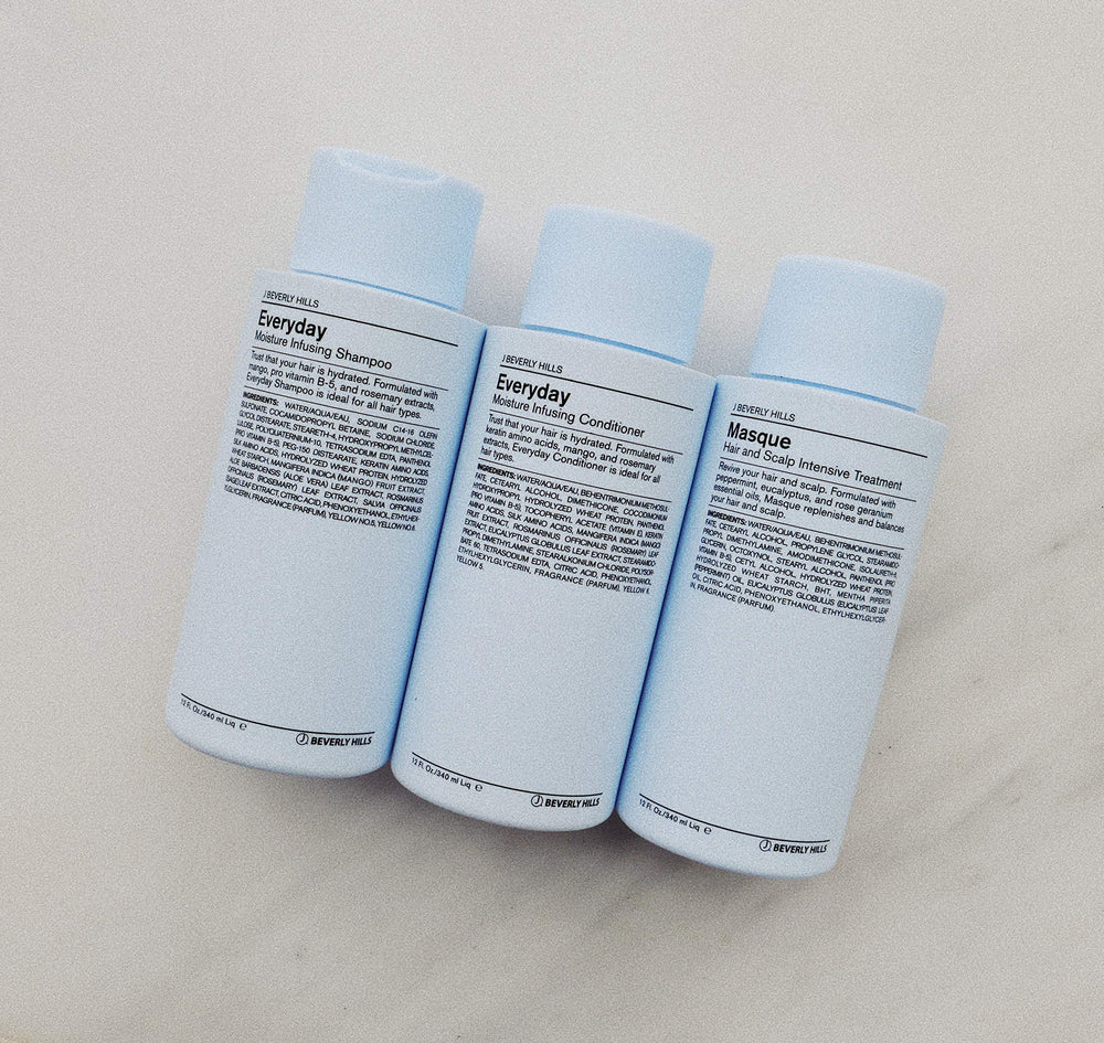 J Beverly Hills bottle staged in shower scene indicating refreshing eucalyptus wash experience