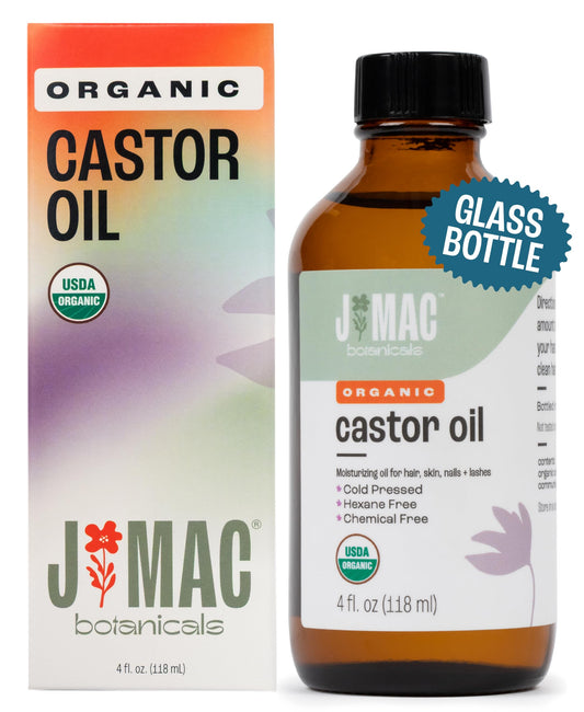 j mac botanicals amber glass front bottle showing brand and organic label benefit preserves oil
