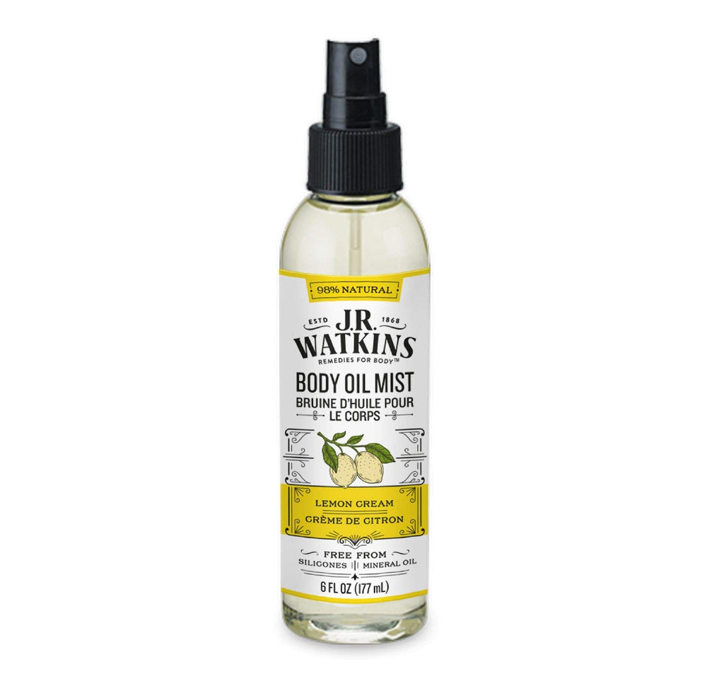 J.R. Watkins front packaging showing lemon cream body oil mist and benefits