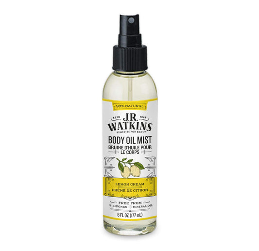 J.R. Watkins front packaging showing lemon cream body oil mist and benefits