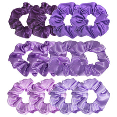 Jaciya front view of 12 purple scrunchies showing variety and convenience