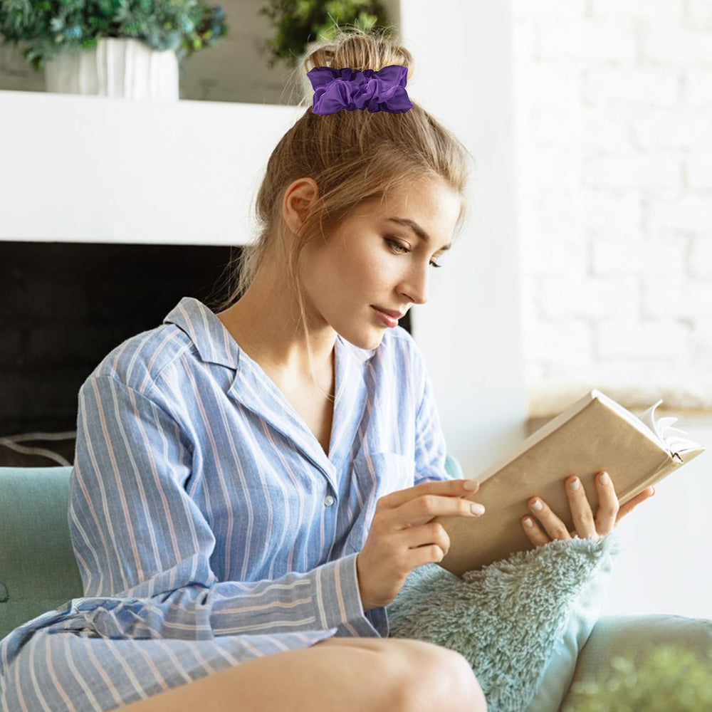Jaciya scrunchie in hair at night for comfortable, damage-reducing sleep