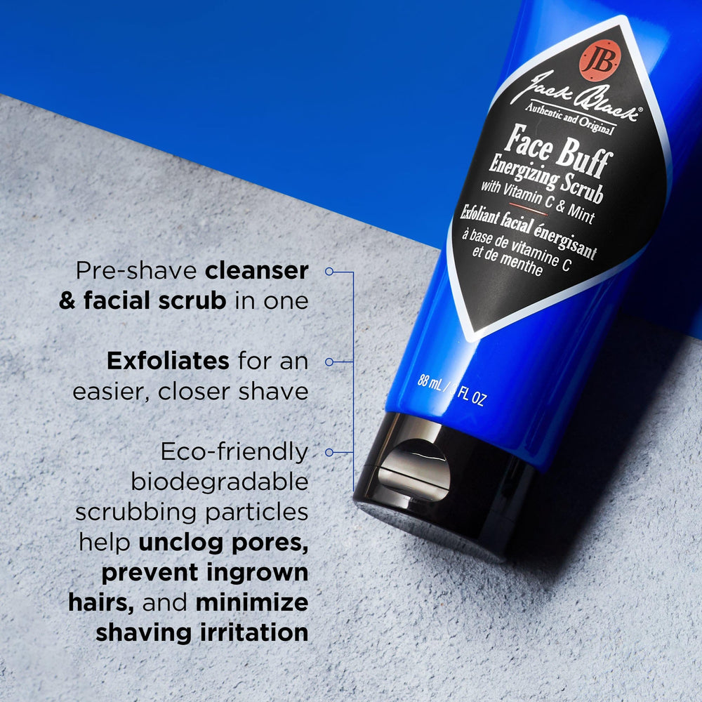 Jack Black tube beside razor for scale showing travel-friendly 6 fl oz size