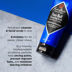 Jack Black tube beside razor for scale showing travel-friendly 6 fl oz size