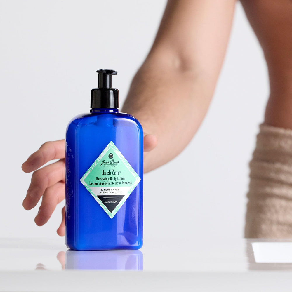 Jack Black pump application dispensing lotion demonstrating easy use and quick-absorbing benefit