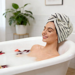 Jacquotha striped pattern flatlay showing stylish design for bathroom aesthetic