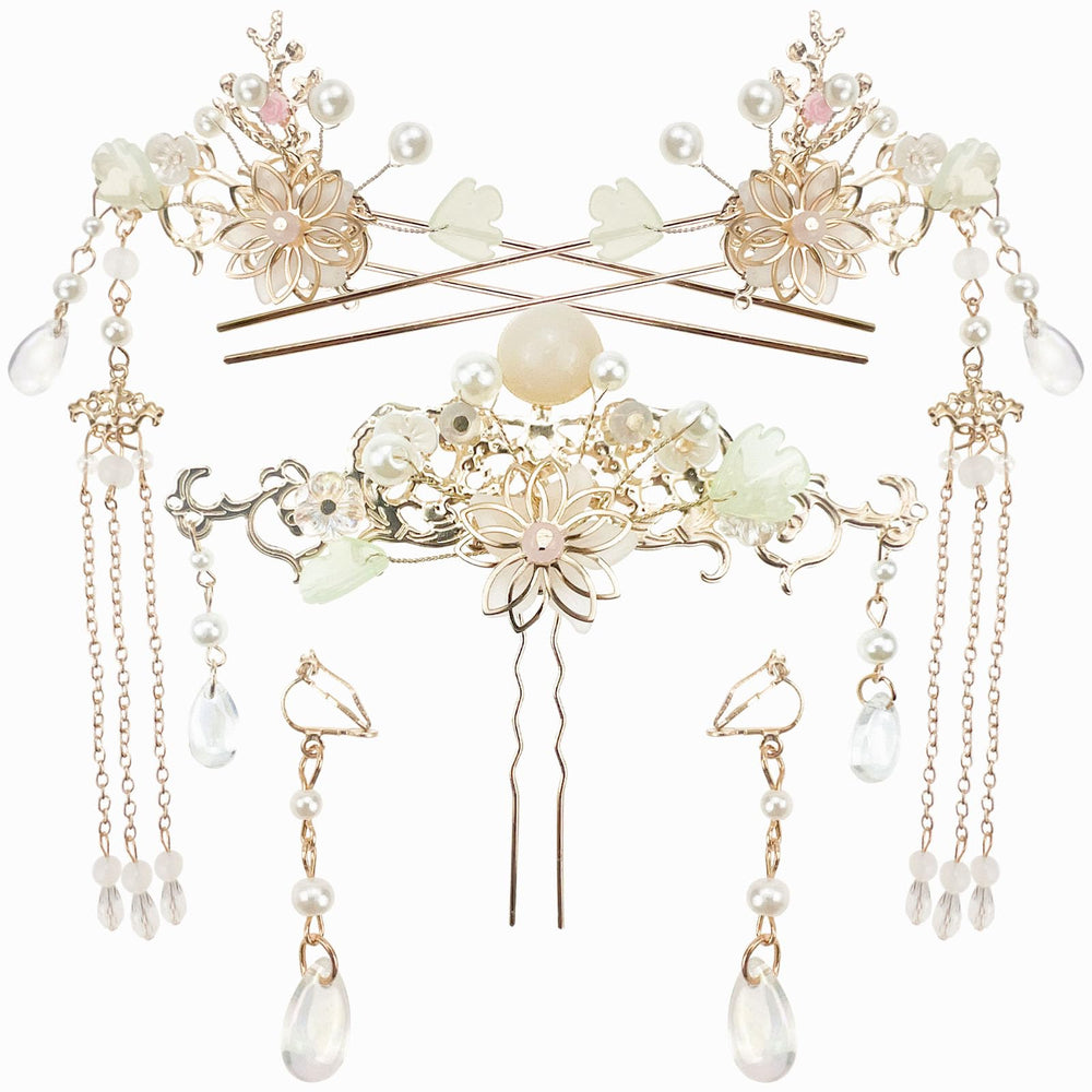 Jaczora front view of five-piece hairpin set showing overall arrangement and shine