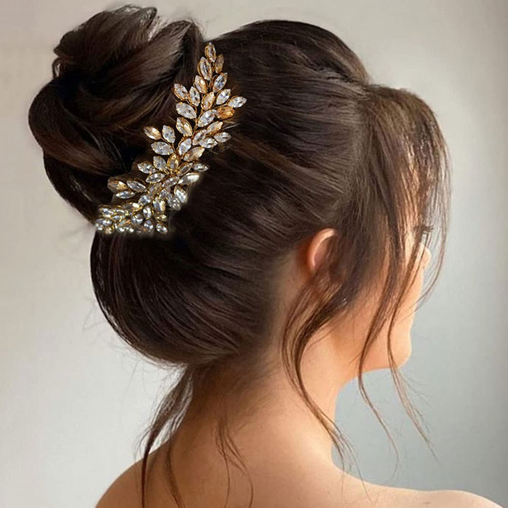 JAKAWIN front view of gold crystal hair vine showing overall design and shine