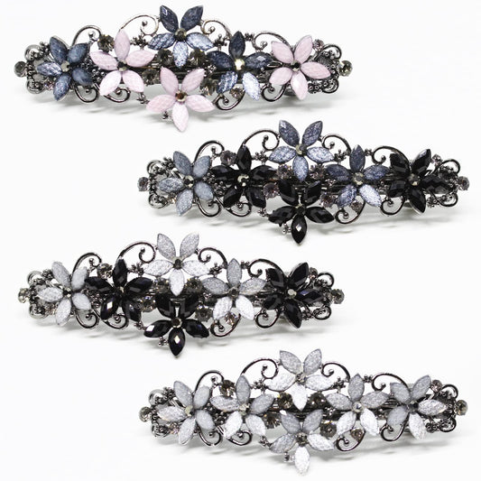 Jakeni front view barrettes showing floral rhinestones and polished shine benefit: elegant accent