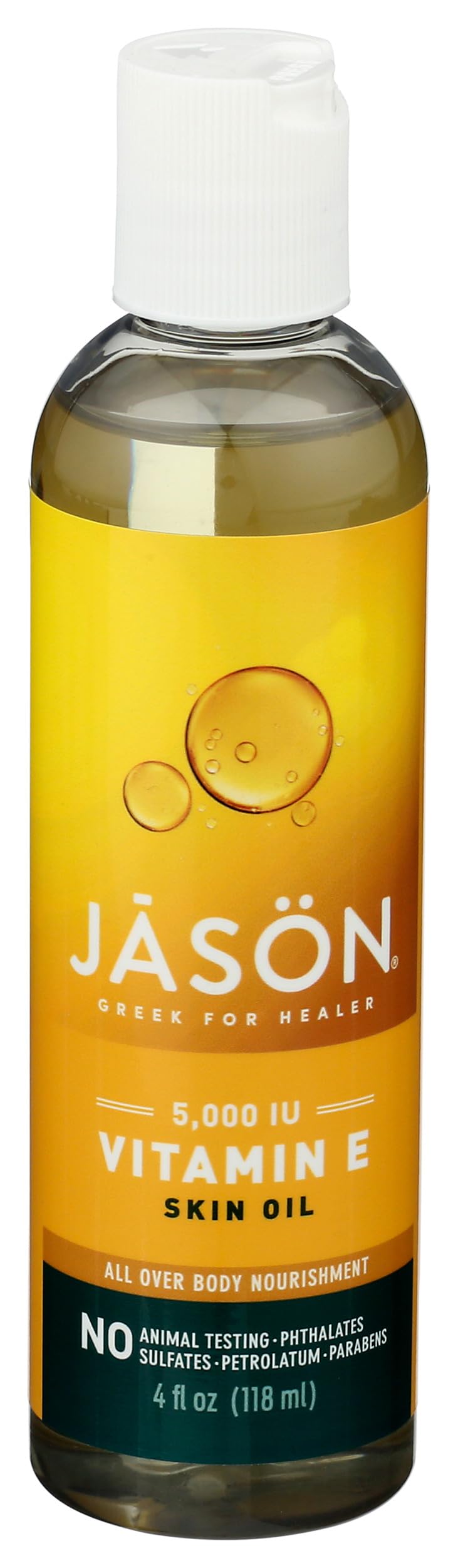 JASON front bottle view showing vitamin E oil packaging and clear dosing benefit