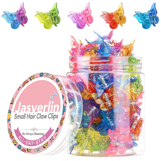 JASVERLIN front packaging showing 50 rainbow butterfly clips and container benefit: organized set