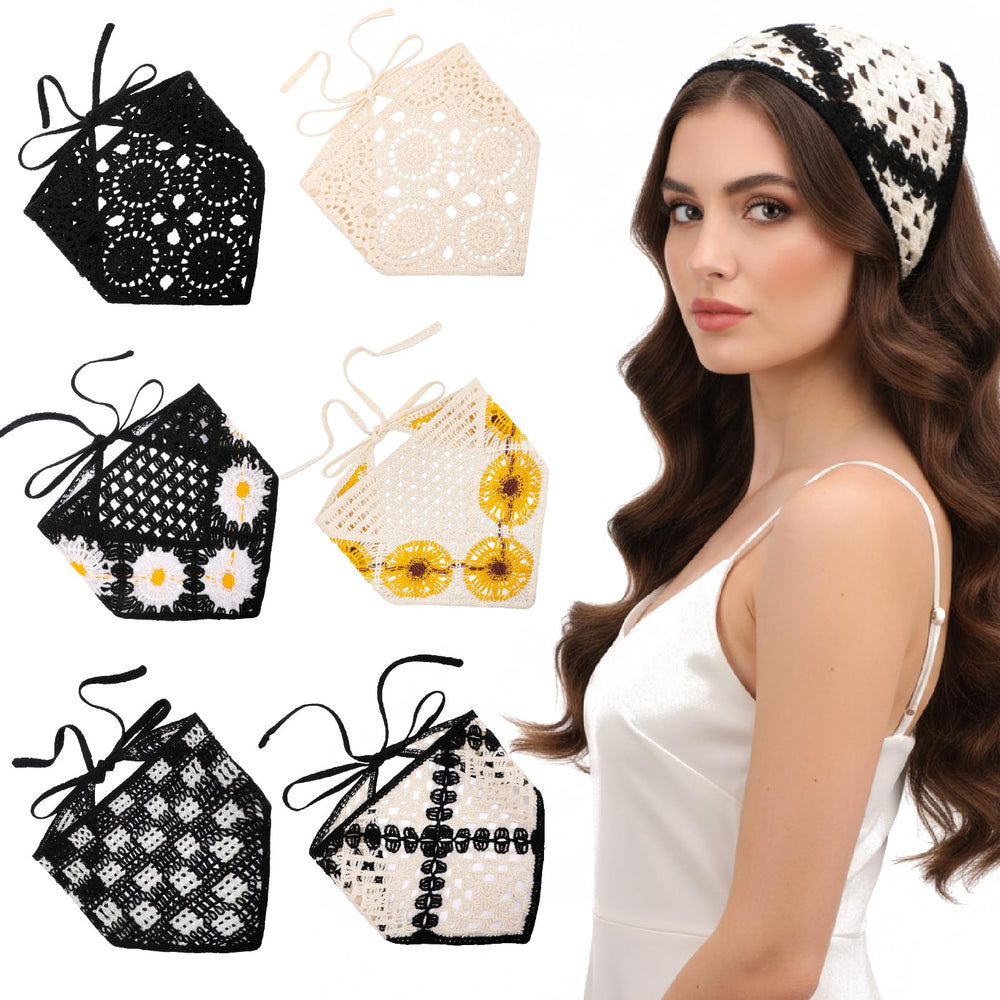 JATEBI front view of black crochet bandana showing pattern and packaging benefit