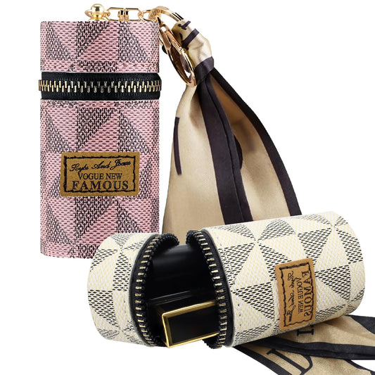 Jaxbo front view showing two leather pouches and ribbon accent for stylish organization