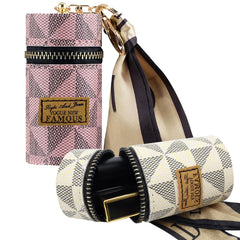 Jaxbo front view showing two leather pouches and ribbon accent for stylish organization
