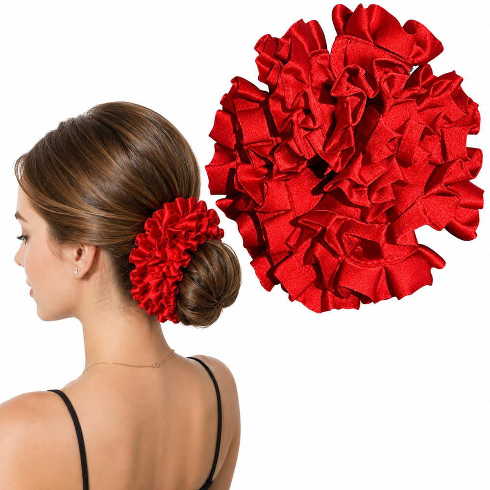 JazSwirl front view showing oversized red scrunchie and bold color benefit