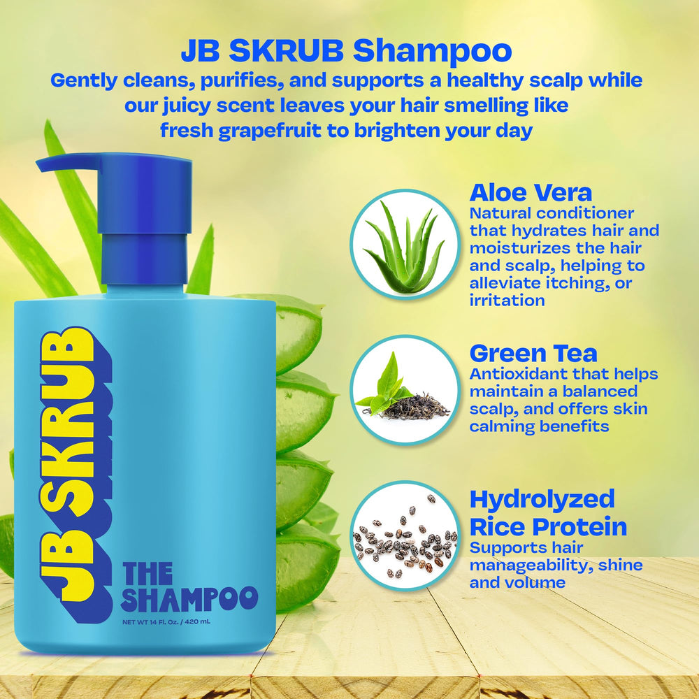 JB SKRUB ingredients label highlighting aloe and green tea
