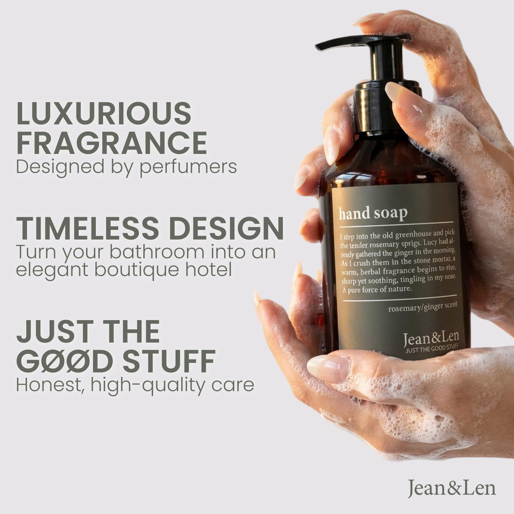 Jean & Len label close-up highlighting rosemary and ginger fragrance