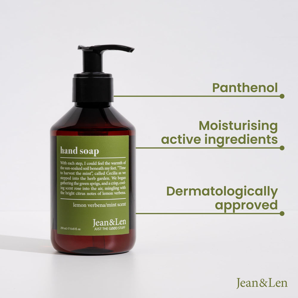 Jean & Len pour and foam showing gentle lather for quick cleansing