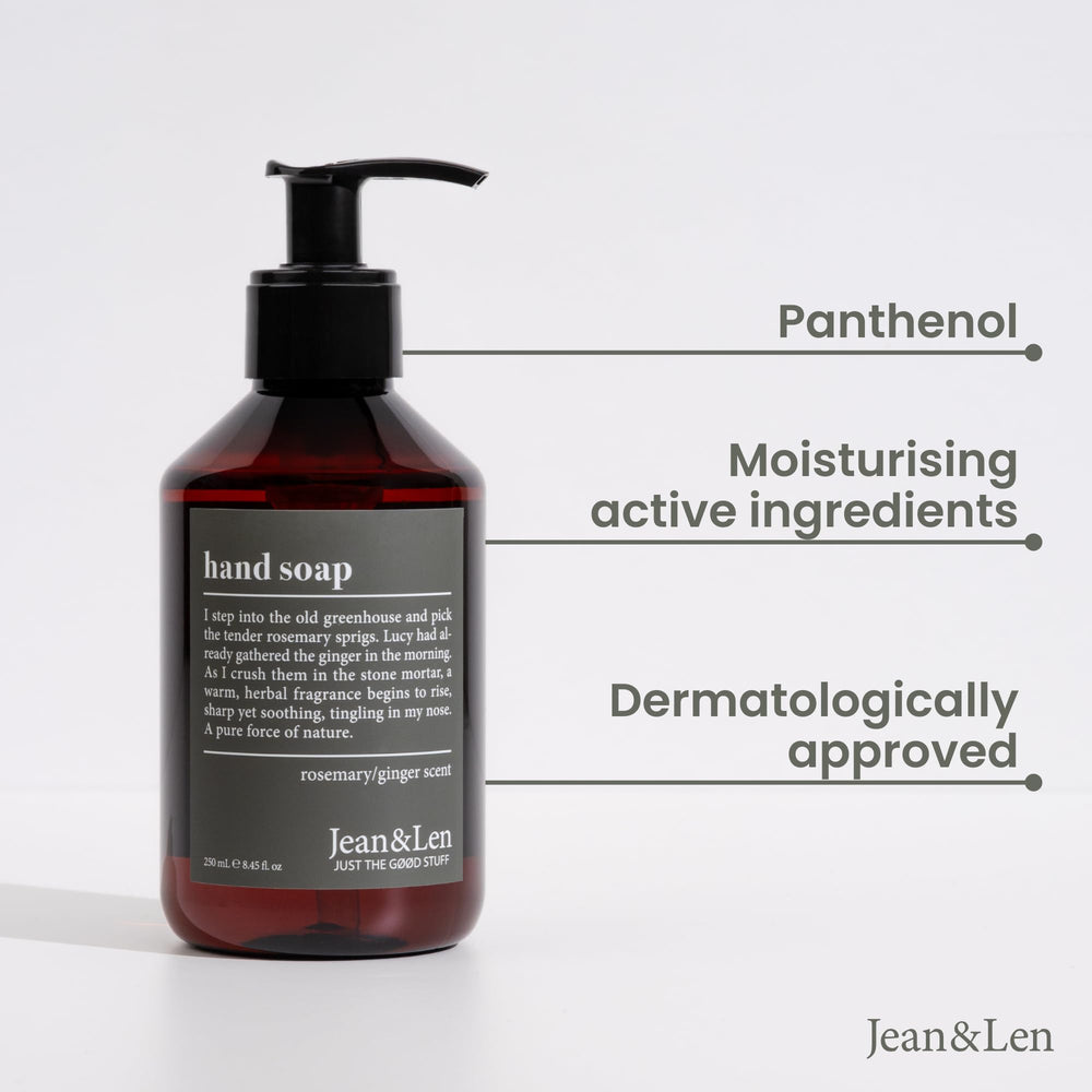 Jean & Len pump dispensing liquid soap for hygienic, controlled use