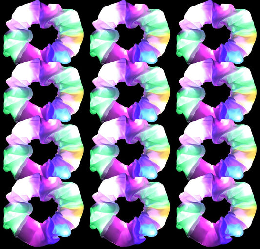 jeffan front view of 12-pack LED scrunchies showing packaging and glow benefit