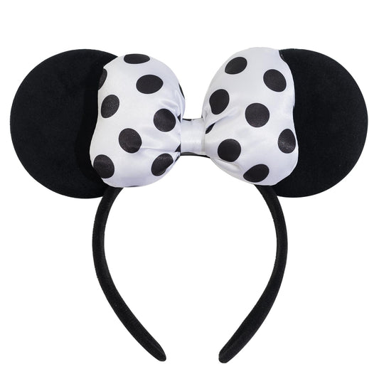 Jeffan mouse ear headband front view showing bold polka dot bow and velvet ears for standout photos