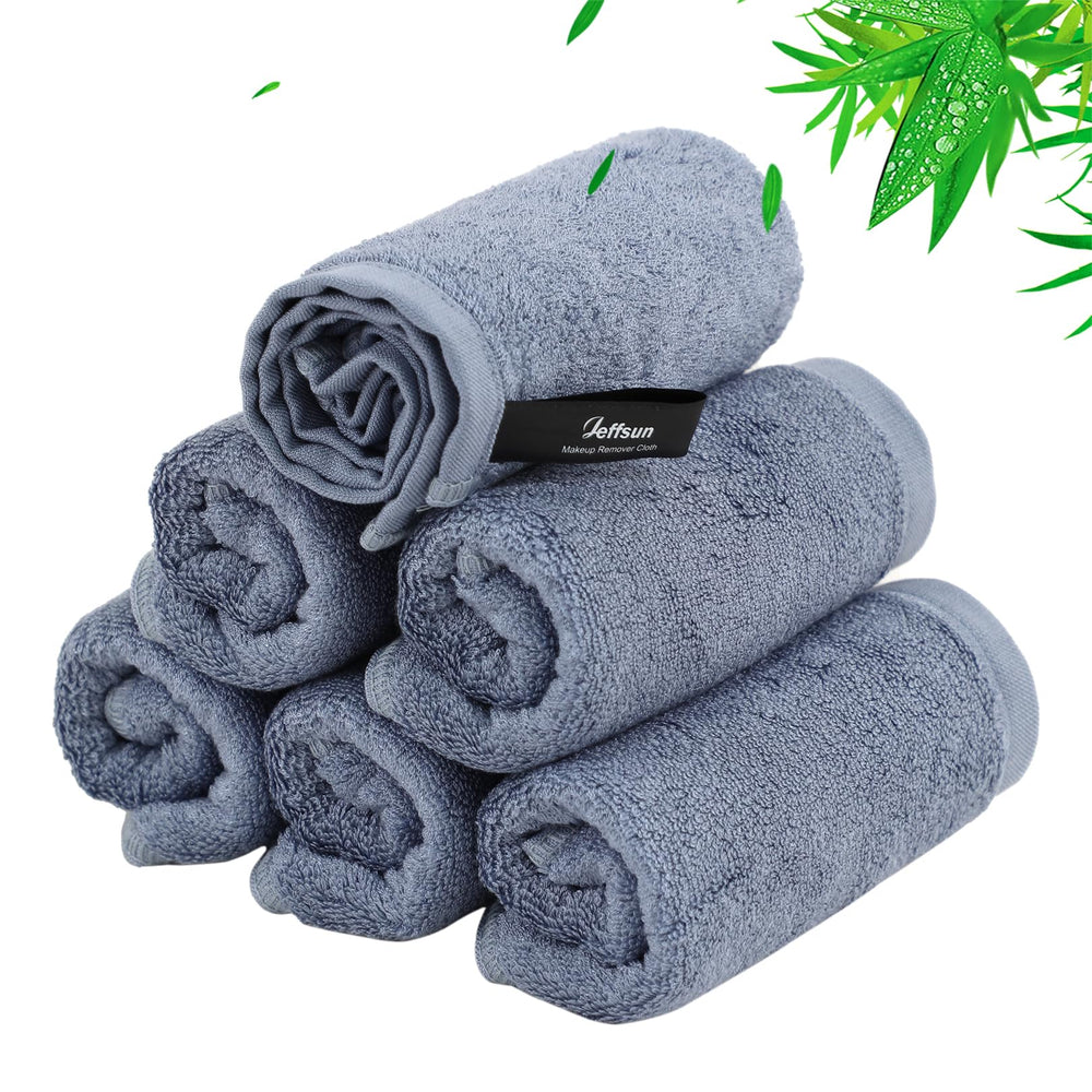 JEFFSUN front packaging showing six slate blue face washcloths, sustainable choice