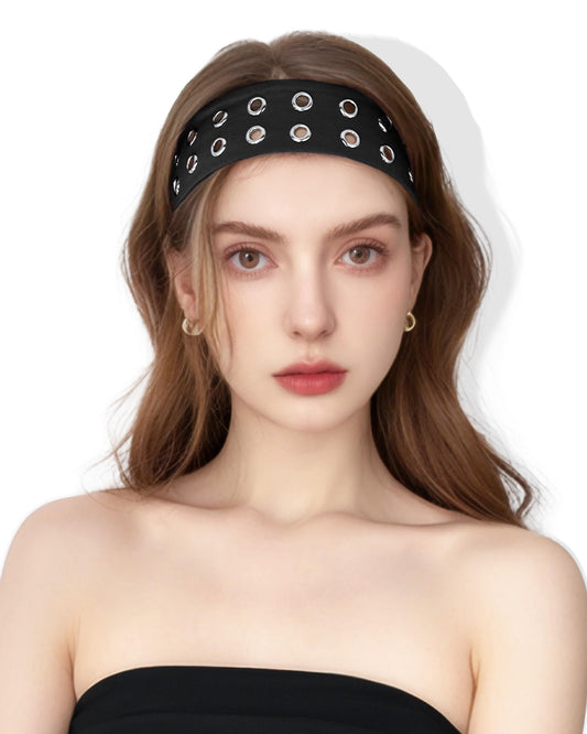JENSVOIR front view of black grommet headband shows bold styling benefit