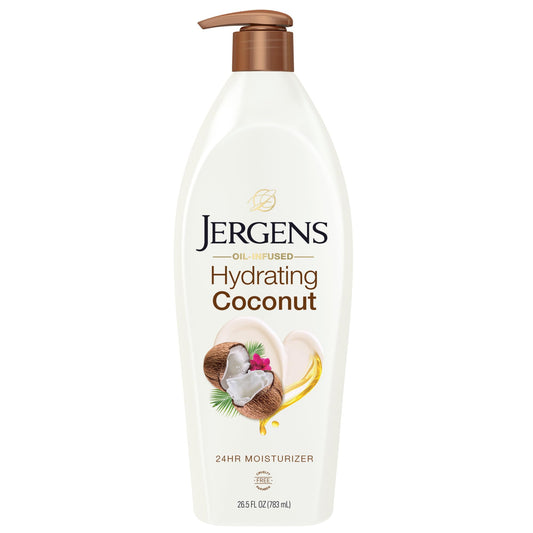 Jergens front packaging showing bottle and tropical design, highlights quick hydration