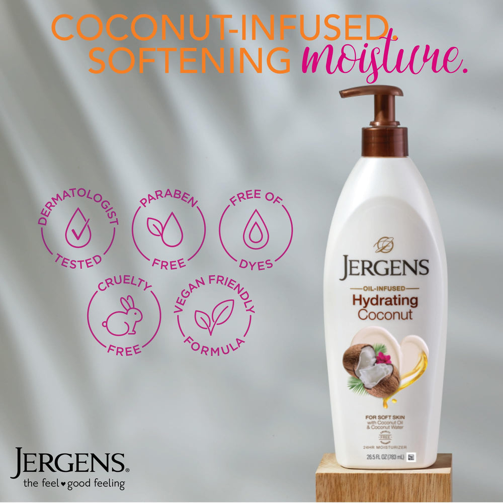 Jergens lotion pour close-up showing creamy texture and fast-absorbing finish