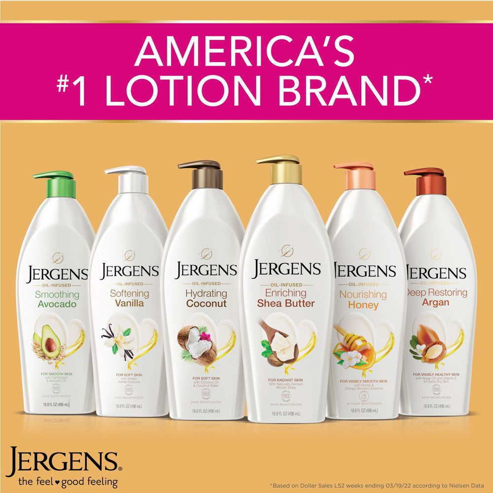 Jergens 26.5 oz bottle next to common objects showing size for family use