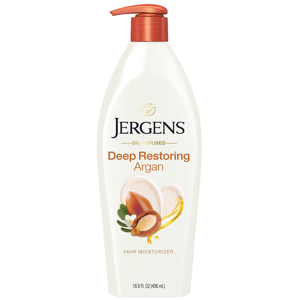 Jergens front packaging showing bottle and pump, benefits quick hydration