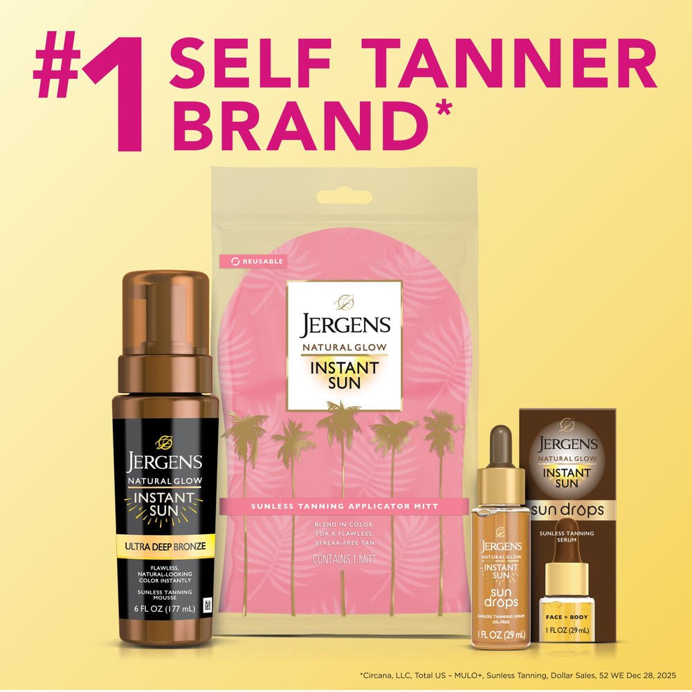 Jergens lifestyle bathroom vanity shot suggesting at-home tanning routine ease