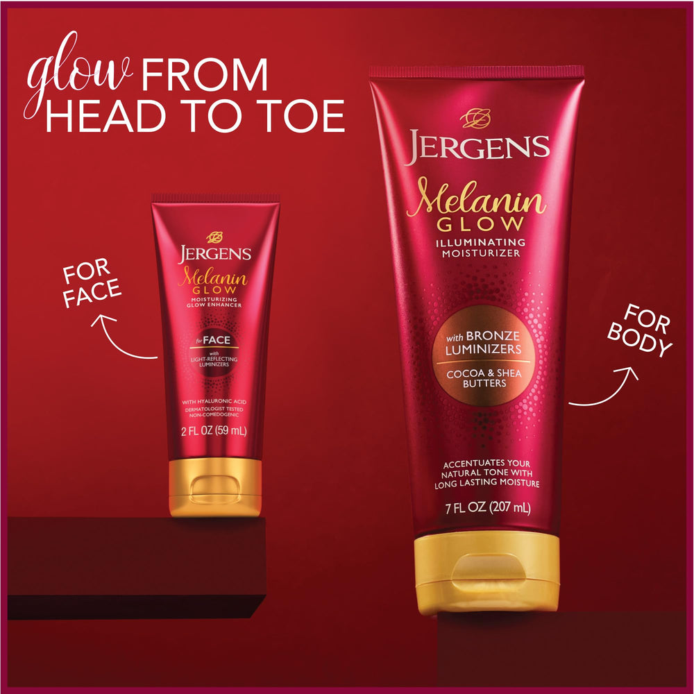 Jergens Melanin Glow applied to cheek demonstrating natural dewy luminance