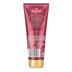 Jergens Melanin Glow before and after legs showing subtle bronze luminizing effect