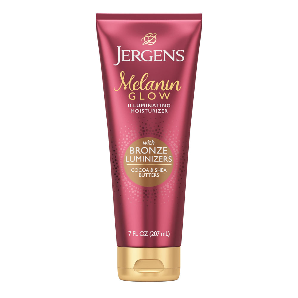 Jergens Melanin Glow front packaging showing product benefits and size