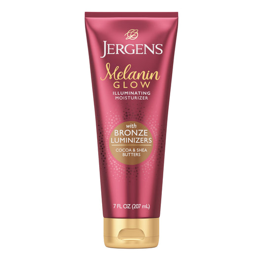 Jergens Melanin Glow front packaging showing product benefits and size