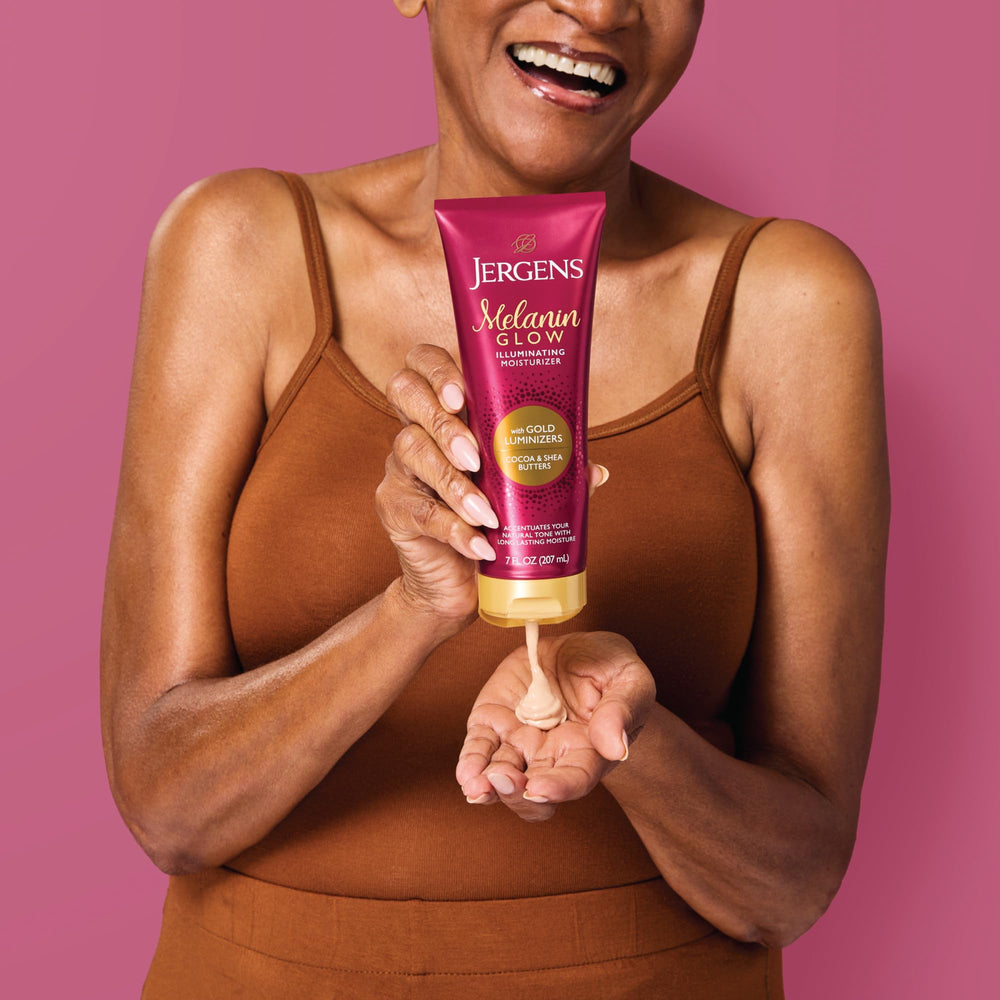 Jergens before and after on melanated skin showing enhanced glow