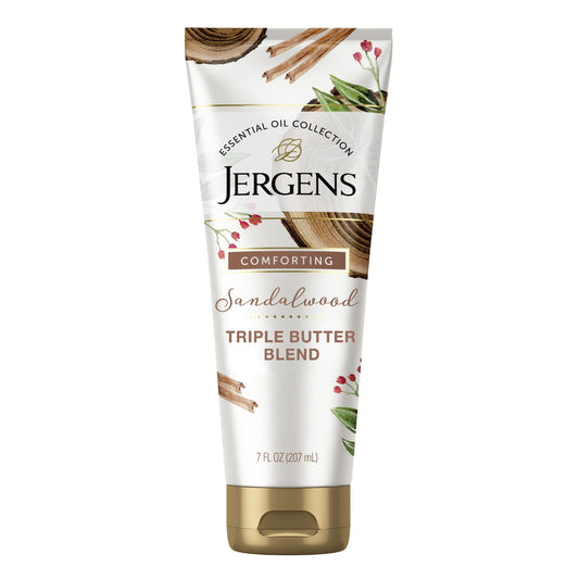 Jergens front packaging shows sandalwood scent and nourishing benefit