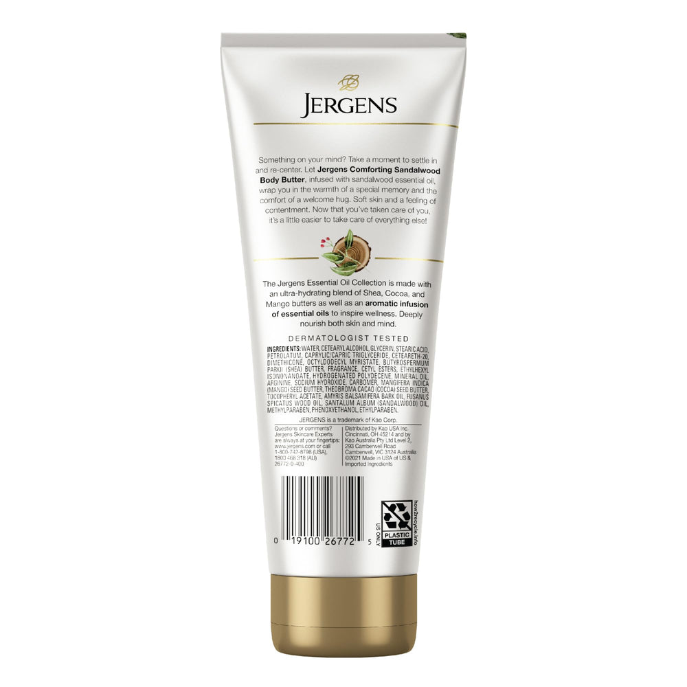 Jergens vanilla and sandalwood essence visual to convey comforting aromatic benefit