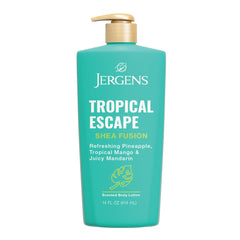 Jergens bottle front view showing Tropical Escape scent and benefit of long-lasting hydration