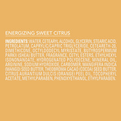 Jergens label close-up showing Sweet Citrus essential oil and formulation benefits